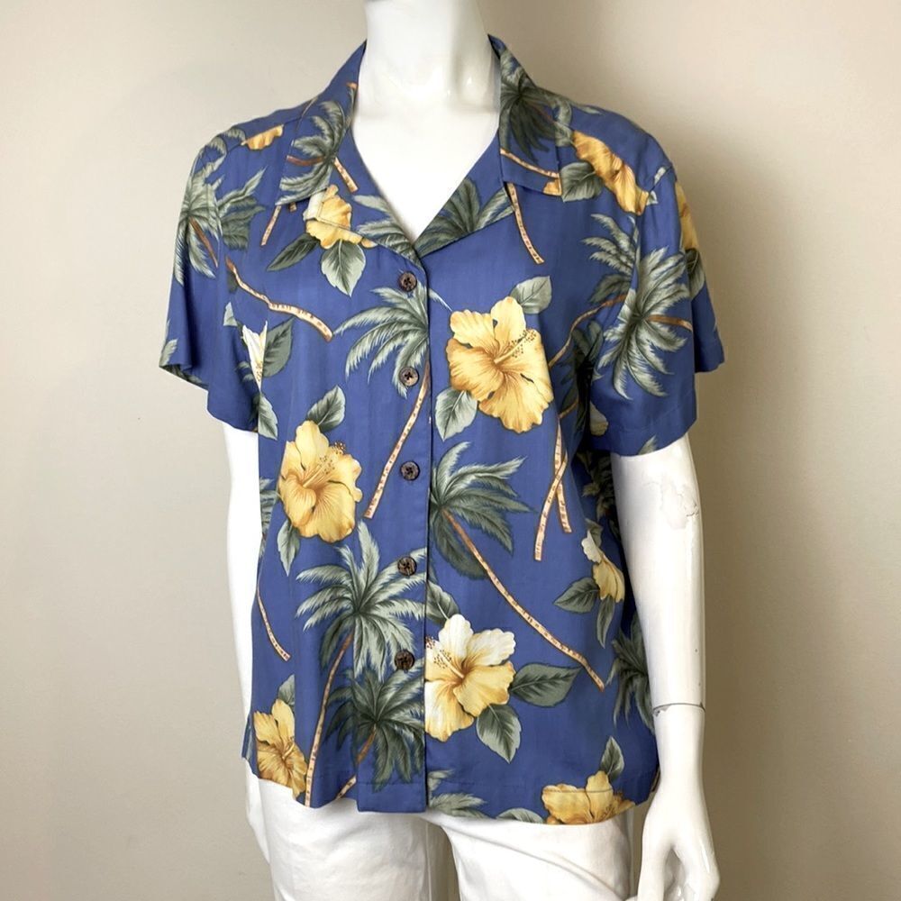 Island Winds Blue Print Hawaiian Button-down Blouse Shirt PXL NWOT